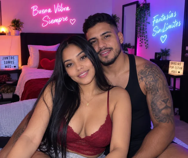 Generated image of typical Colombian cam couple in a neon ligthted bedroom - www.colombian.cam
