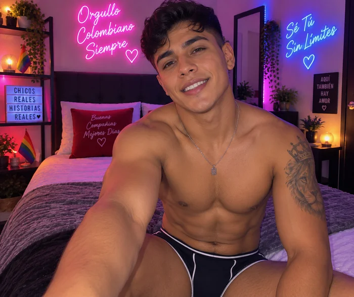 Generated image of a typical Colombian boy in front of his computer with neon signs in the background - www.colombian.cam